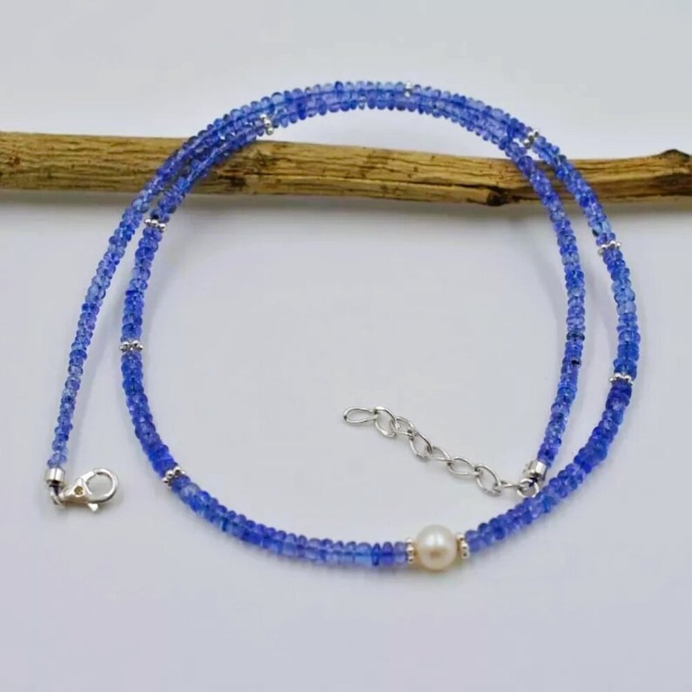 Natural Tanzanite & Peral Faceted Rondelle Gemstone Beaded Women Necklaces 18''